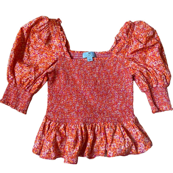 Cece Vibrant Orange Pink Floral Blouse Smocked Peplum Puff Sleeve Small - Picture 1 of 10